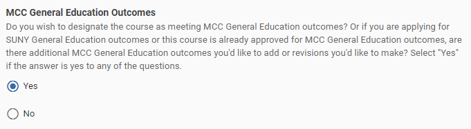 MCC GenEd outcomes course designation choice with yes button selected