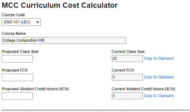 Curriculum cost calculator showing current costs for ENG101 (LEC)