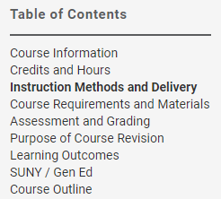 Table of contents listing sections to select