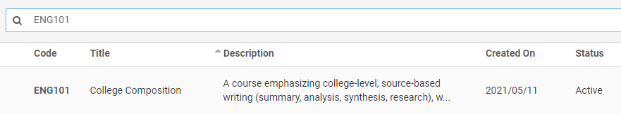 Example of search results for ENG101 showing College Composition proposal