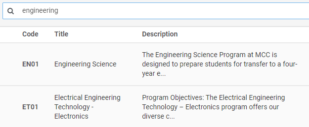 Program search field showing two course listings for engineering 