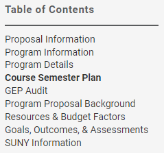 Table of Contents pane listing sections of the Curriculum Proposals to access