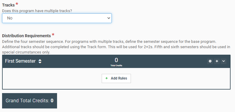 Tracks dropdown box with first semester box and add rules button
